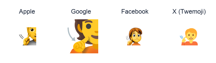 Deaf Person emoji artwork compared side by side for Apple, Google Noto, Facebook, and X Twemoji styles on white.