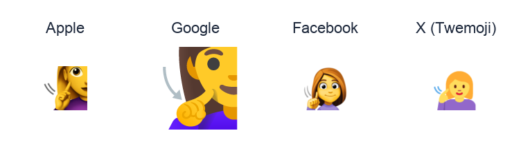 Deaf Woman emoji artwork compared side by side for Apple, Google Noto, Facebook, and X Twemoji styles on white.