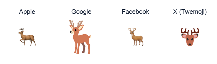 Deer emoji artwork compared side by side for Apple, Google Noto, Facebook, and X Twemoji styles on white.