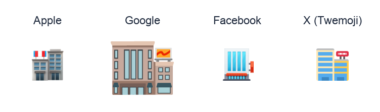 Department Store emoji artwork compared side by side for Apple, Google Noto, Facebook, and X Twemoji styles on white.