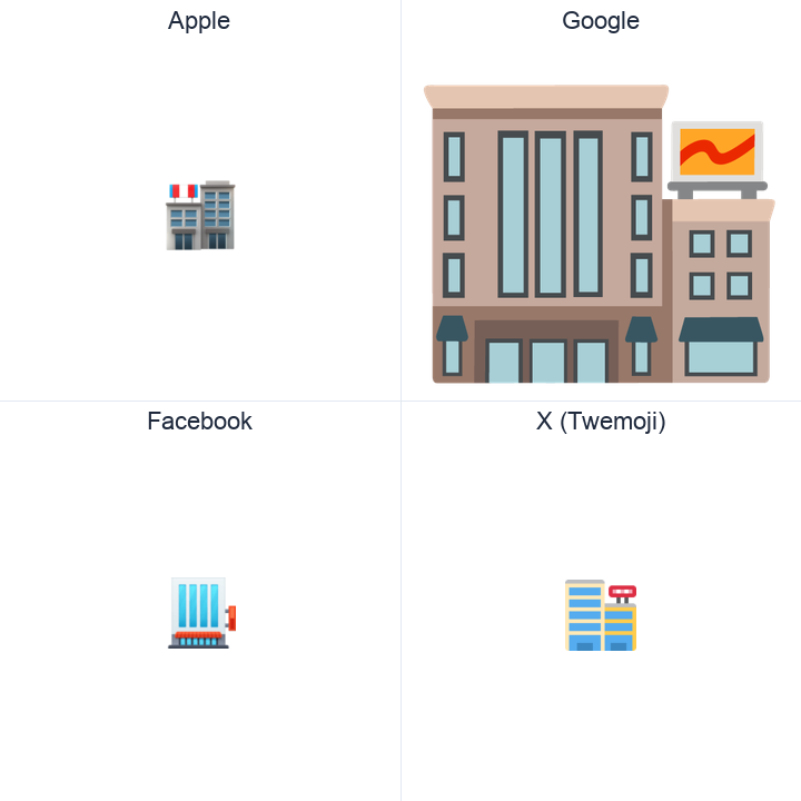 Department Store emoji in a square grid: Apple and Google on the top row, Facebook and X Twemoji on the bottom, on white.