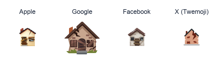 Derelict House emoji artwork compared side by side for Apple, Google Noto, Facebook, and X Twemoji styles on white.