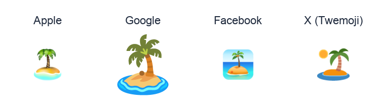Desert Island emoji artwork compared side by side for Apple, Google Noto, Facebook, and X Twemoji styles on white.