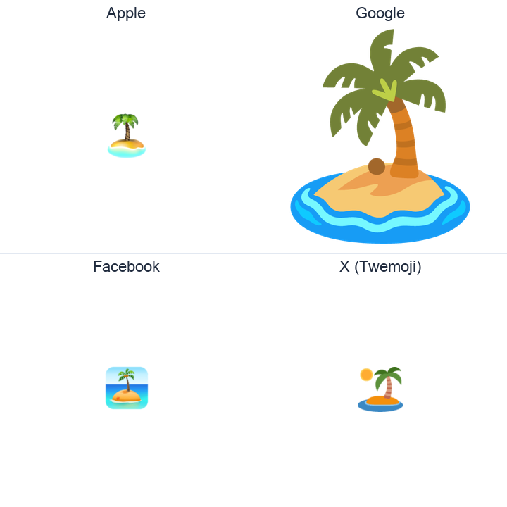 Desert Island emoji in a square grid: Apple and Google on the top row, Facebook and X Twemoji on the bottom, on white.