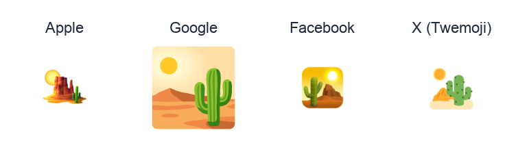 Desert emoji artwork compared side by side for Apple, Google Noto, Facebook, and X Twemoji styles on white.