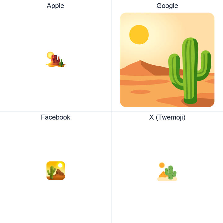 Desert emoji in a square grid: Apple and Google on the top row, Facebook and X Twemoji on the bottom, on white.