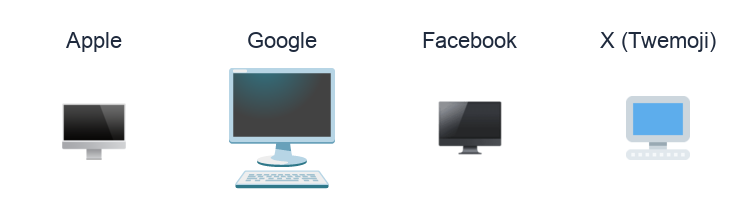 Desktop Computer emoji artwork compared side by side for Apple, Google Noto, Facebook, and X Twemoji styles on white.