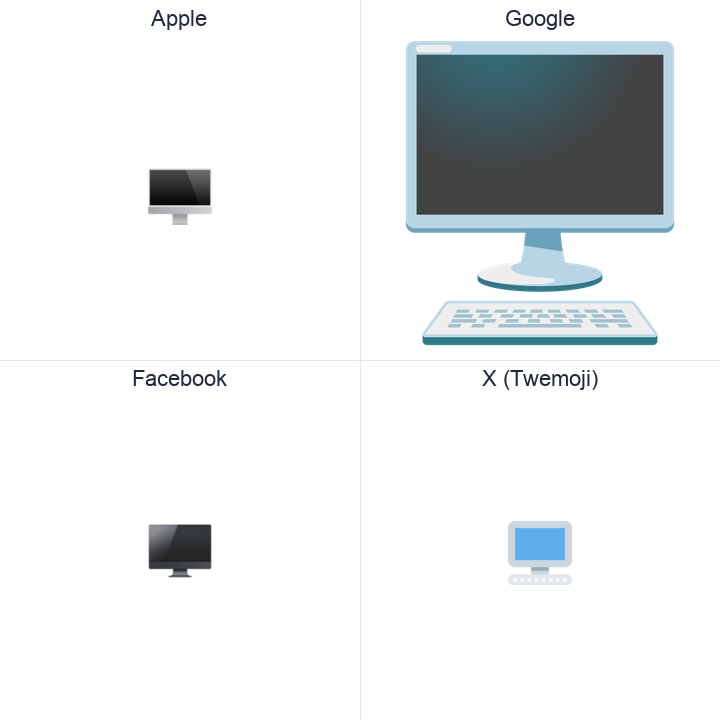 Desktop Computer emoji in a square grid: Apple and Google on the top row, Facebook and X Twemoji on the bottom, on white.