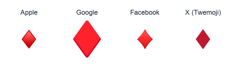 Black Diamond Suit emoji artwork compared side by side for Apple, Google Noto, Facebook, and X Twemoji styles on white.