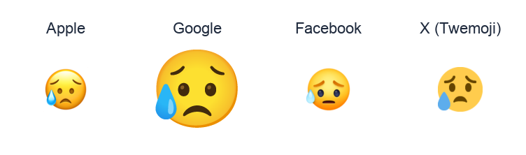 Disappointed But Relieved Face emoji artwork compared side by side for Apple, Google Noto, Facebook, and X Twemoji styles on white.