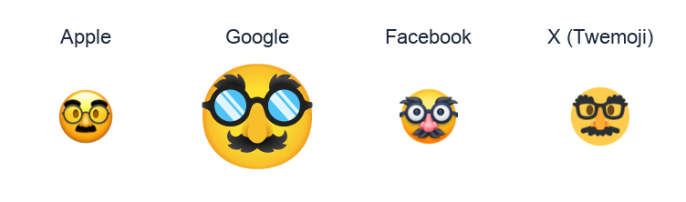 Disguised Face emoji artwork compared side by side for Apple, Google Noto, Facebook, and X Twemoji styles on white.