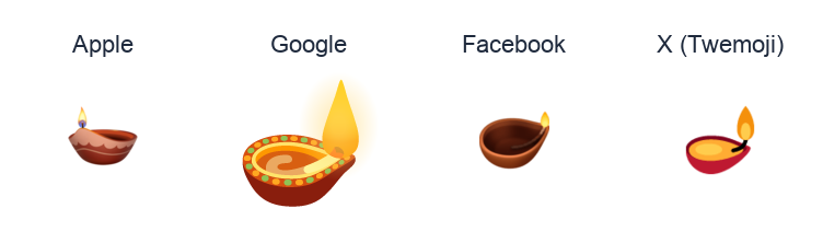 Diya Lamp emoji artwork compared side by side for Apple, Google Noto, Facebook, and X Twemoji styles on white.