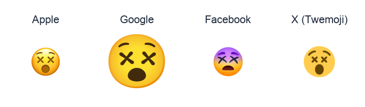 Dizzy Face emoji artwork compared side by side for Apple, Google Noto, Facebook, and X Twemoji styles on white.