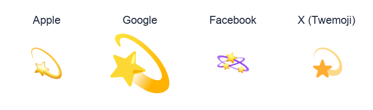 Dizzy Symbol emoji artwork compared side by side for Apple, Google Noto, Facebook, and X Twemoji styles on white.