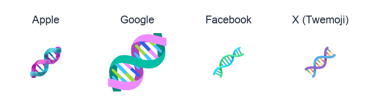 Dna Double Helix emoji artwork compared side by side for Apple, Google Noto, Facebook, and X Twemoji styles on white.