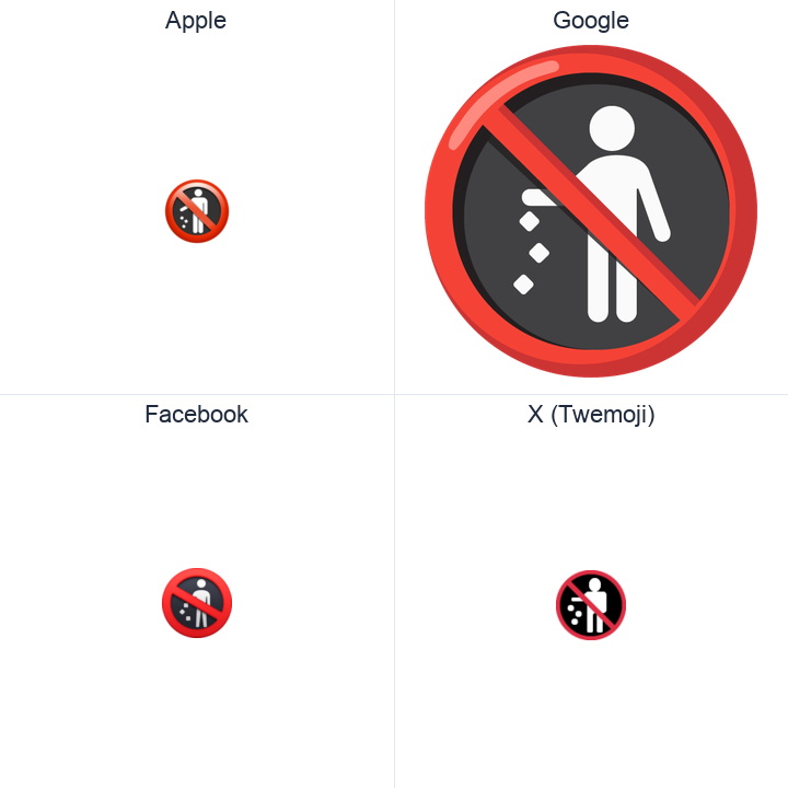 Do Not Litter Symbol emoji in a square grid: Apple and Google on the top row, Facebook and X Twemoji on the bottom, on white.