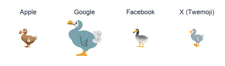 Dodo emoji artwork compared side by side for Apple, Google Noto, Facebook, and X Twemoji styles on white.