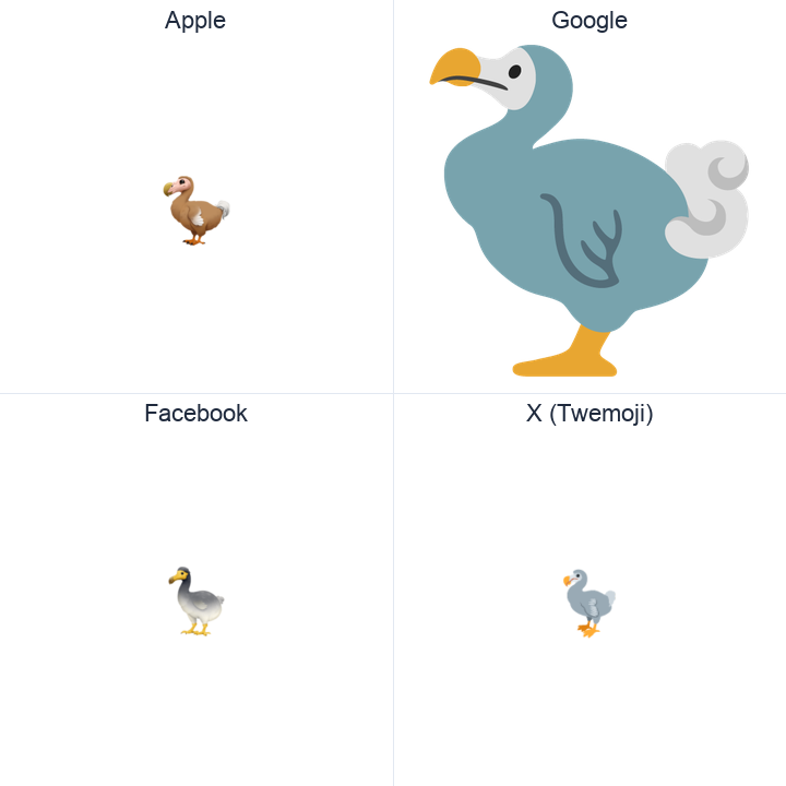 Dodo emoji in a square grid: Apple and Google on the top row, Facebook and X Twemoji on the bottom, on white.