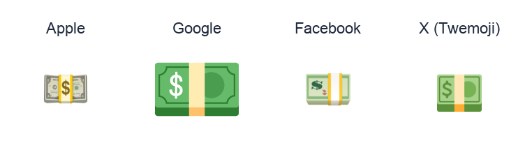 Banknote With Dollar Sign emoji artwork compared side by side for Apple, Google Noto, Facebook, and X Twemoji styles on white.