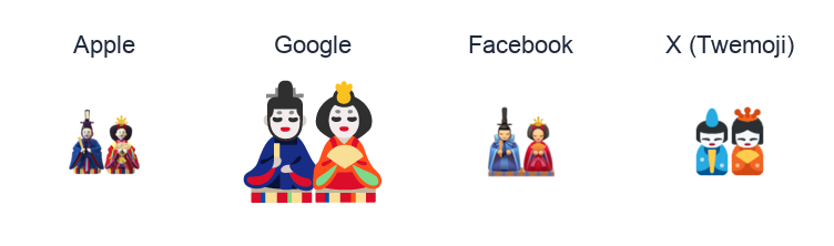 Japanese Dolls emoji artwork compared side by side for Apple, Google Noto, Facebook, and X Twemoji styles on white.