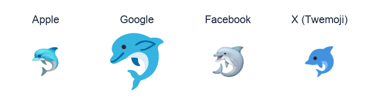 Dolphin emoji artwork compared side by side for Apple, Google Noto, Facebook, and X Twemoji styles on white.