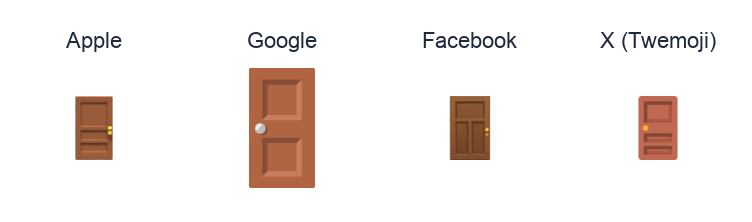 Door emoji artwork compared side by side for Apple, Google Noto, Facebook, and X Twemoji styles on white.
