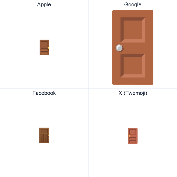 Door emoji in a square grid: Apple and Google on the top row, Facebook and X Twemoji on the bottom, on white.