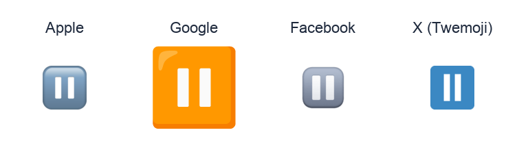 Pause Button emoji artwork compared side by side for Apple, Google Noto, Facebook, and X Twemoji styles on white.
