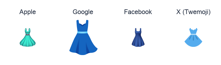 Dress emoji artwork compared side by side for Apple, Google Noto, Facebook, and X Twemoji styles on white.