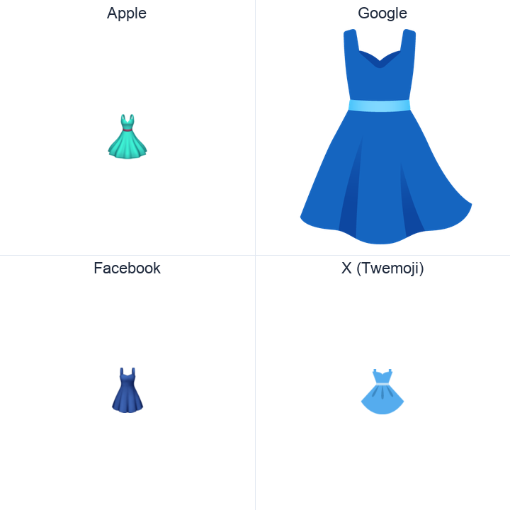 Dress emoji in a square grid: Apple and Google on the top row, Facebook and X Twemoji on the bottom, on white.