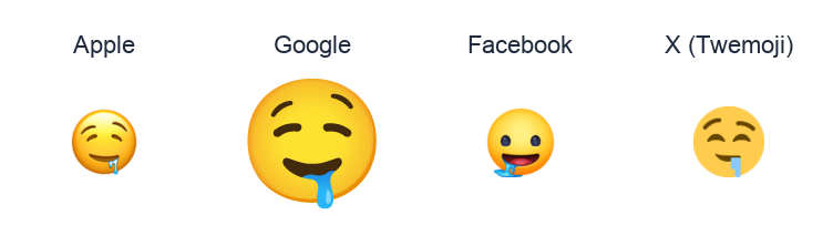 Drooling Face emoji artwork compared side by side for Apple, Google Noto, Facebook, and X Twemoji styles on white.