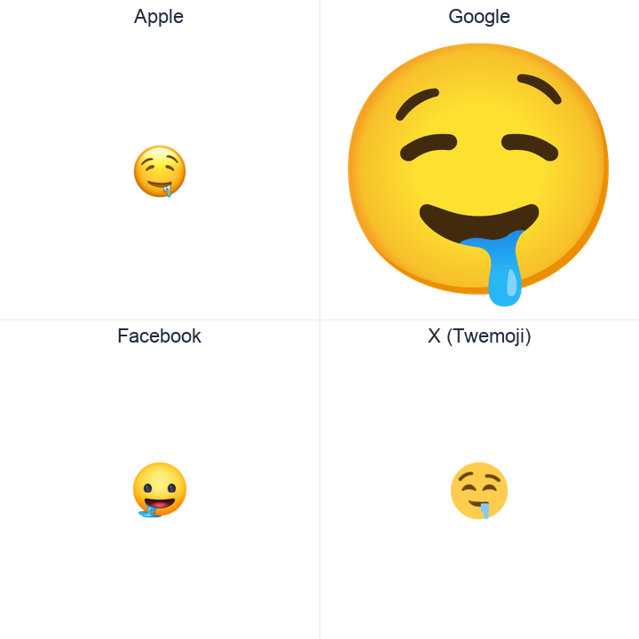 Drooling Face emoji in a square grid: Apple and Google on the top row, Facebook and X Twemoji on the bottom, on white.