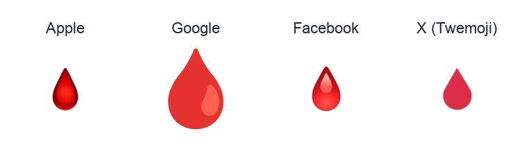 Drop Of Blood emoji artwork compared side by side for Apple, Google Noto, Facebook, and X Twemoji styles on white.