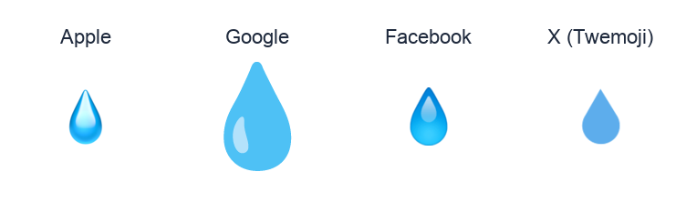 Droplet emoji artwork compared side by side for Apple, Google Noto, Facebook, and X Twemoji styles on white.