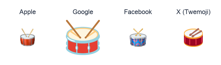 Drum With Drumsticks emoji artwork compared side by side for Apple, Google Noto, Facebook, and X Twemoji styles on white.