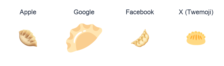 Dumpling emoji artwork compared side by side for Apple, Google Noto, Facebook, and X Twemoji styles on white.