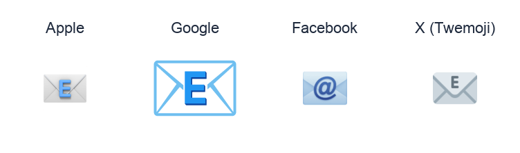 E-Mail Symbol emoji artwork compared side by side for Apple, Google Noto, Facebook, and X Twemoji styles on white.