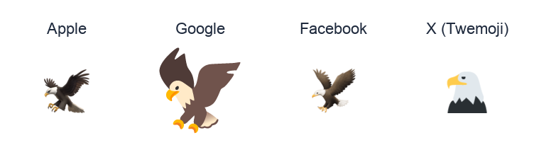 Eagle emoji artwork compared side by side for Apple, Google Noto, Facebook, and X Twemoji styles on white.