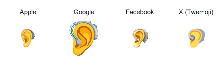Ear With Hearing Aid emoji artwork compared side by side for Apple, Google Noto, Facebook, and X Twemoji styles on white.