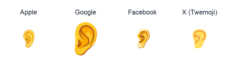 Ear emoji artwork compared side by side for Apple, Google Noto, Facebook, and X Twemoji styles on white.