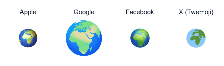Earth Globe Europe-Africa emoji artwork compared side by side for Apple, Google Noto, Facebook, and X Twemoji styles on white.