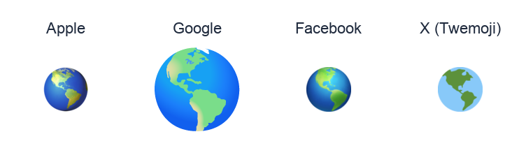 Earth Globe Americas emoji artwork compared side by side for Apple, Google Noto, Facebook, and X Twemoji styles on white.