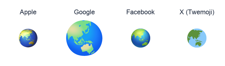 Earth Globe Asia-Australia emoji artwork compared side by side for Apple, Google Noto, Facebook, and X Twemoji styles on white.