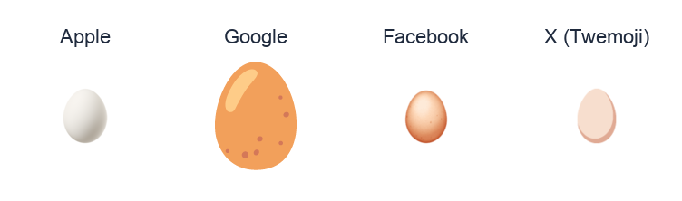 Egg emoji artwork compared side by side for Apple, Google Noto, Facebook, and X Twemoji styles on white.