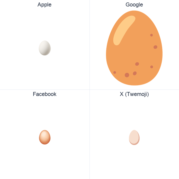 Egg emoji in a square grid: Apple and Google on the top row, Facebook and X Twemoji on the bottom, on white.