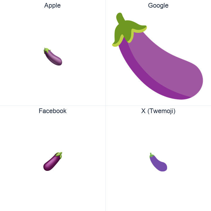 Aubergine emoji in a square grid: Apple and Google on the top row, Facebook and X Twemoji on the bottom, on white.