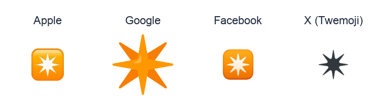 Eight Pointed Black Star emoji artwork compared side by side for Apple, Google Noto, Facebook, and X Twemoji styles on white.