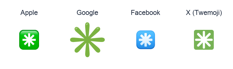 Eight Spoked Asterisk emoji artwork compared side by side for Apple, Google Noto, Facebook, and X Twemoji styles on white.