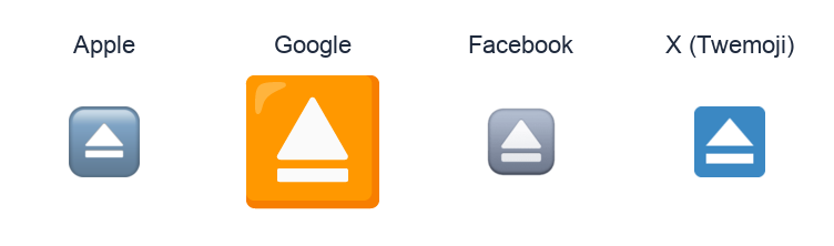 Eject Button emoji artwork compared side by side for Apple, Google Noto, Facebook, and X Twemoji styles on white.