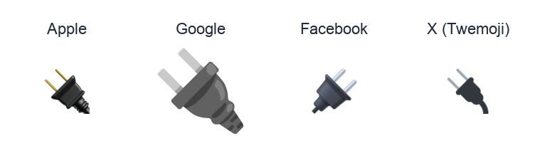 Electric Plug emoji artwork compared side by side for Apple, Google Noto, Facebook, and X Twemoji styles on white.